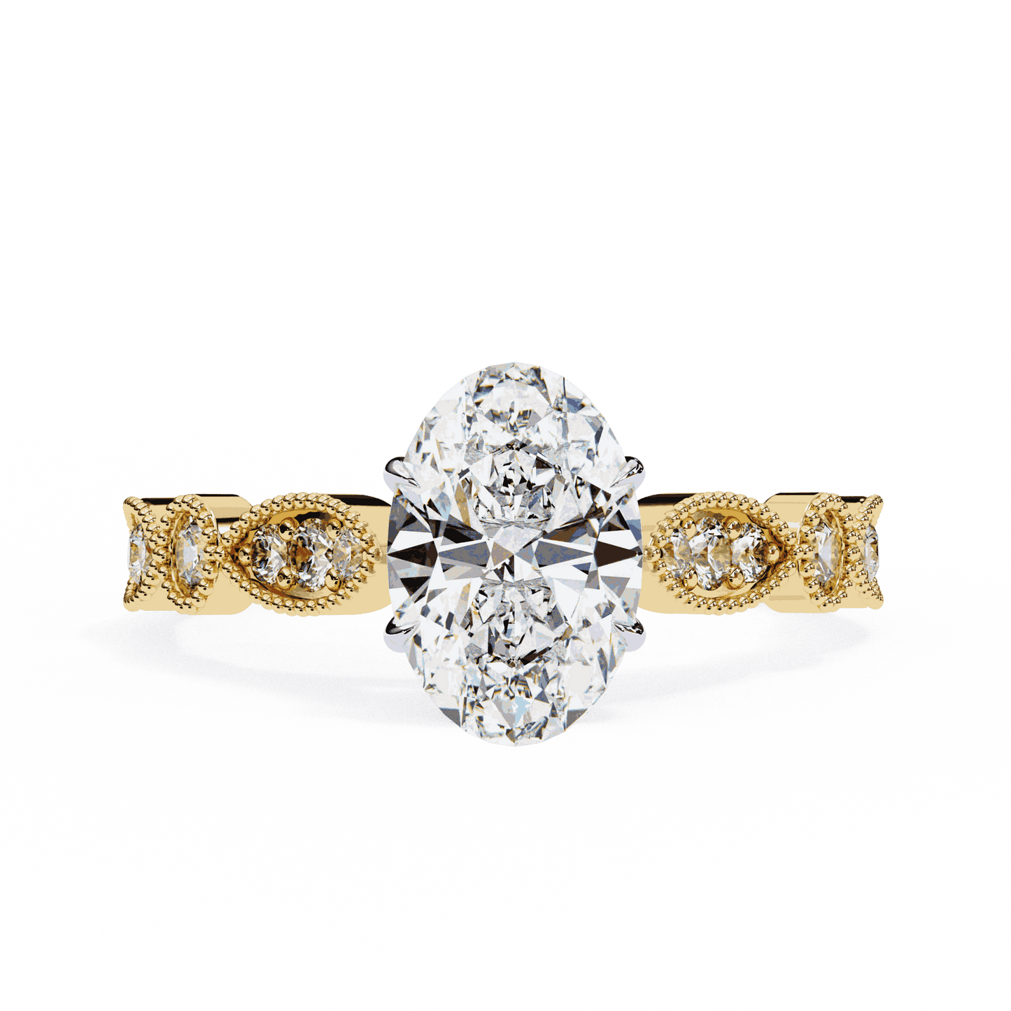 Oval Cut Lab Grown Diamond Cathedral Engagement Ring with Vintage Milgrain