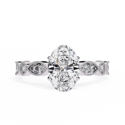 Oval Cut Lab Grown Diamond Cathedral Engagement Ring with Vintage Milgrain