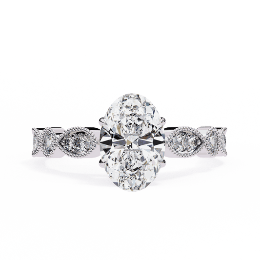 Oval Cut Lab Grown Diamond Cathedral Engagement Ring with Vintage Milgrain