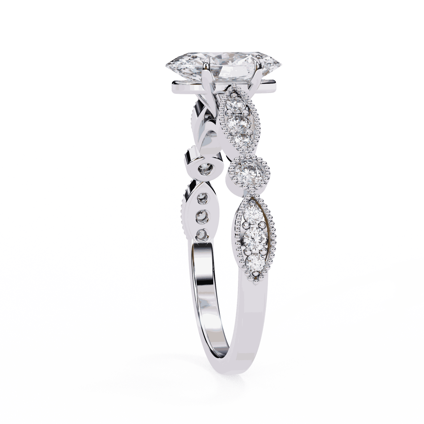 Oval Cut Lab Grown Diamond Cathedral Engagement Ring with Vintage Milgrain