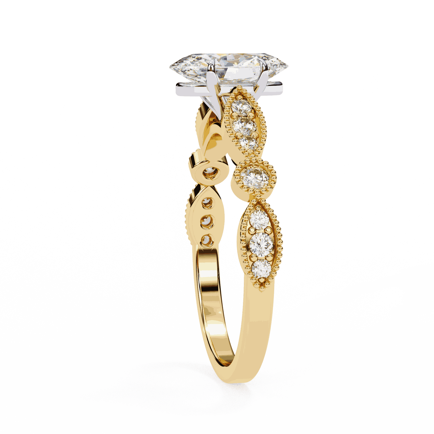 Oval Cut Lab Grown Diamond Cathedral Engagement Ring with Vintage Milgrain