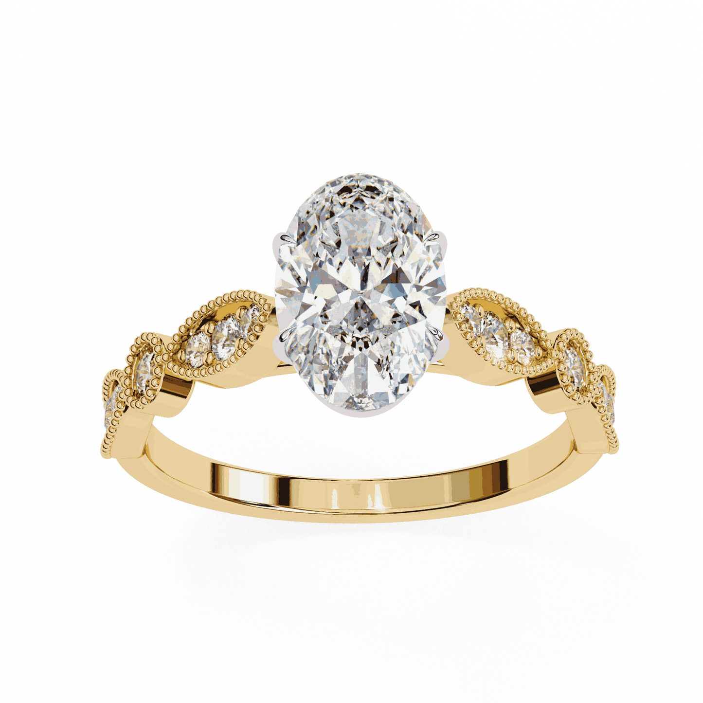 Oval Cut Lab Grown Diamond Cathedral Engagement Ring with Vintage Milgrain