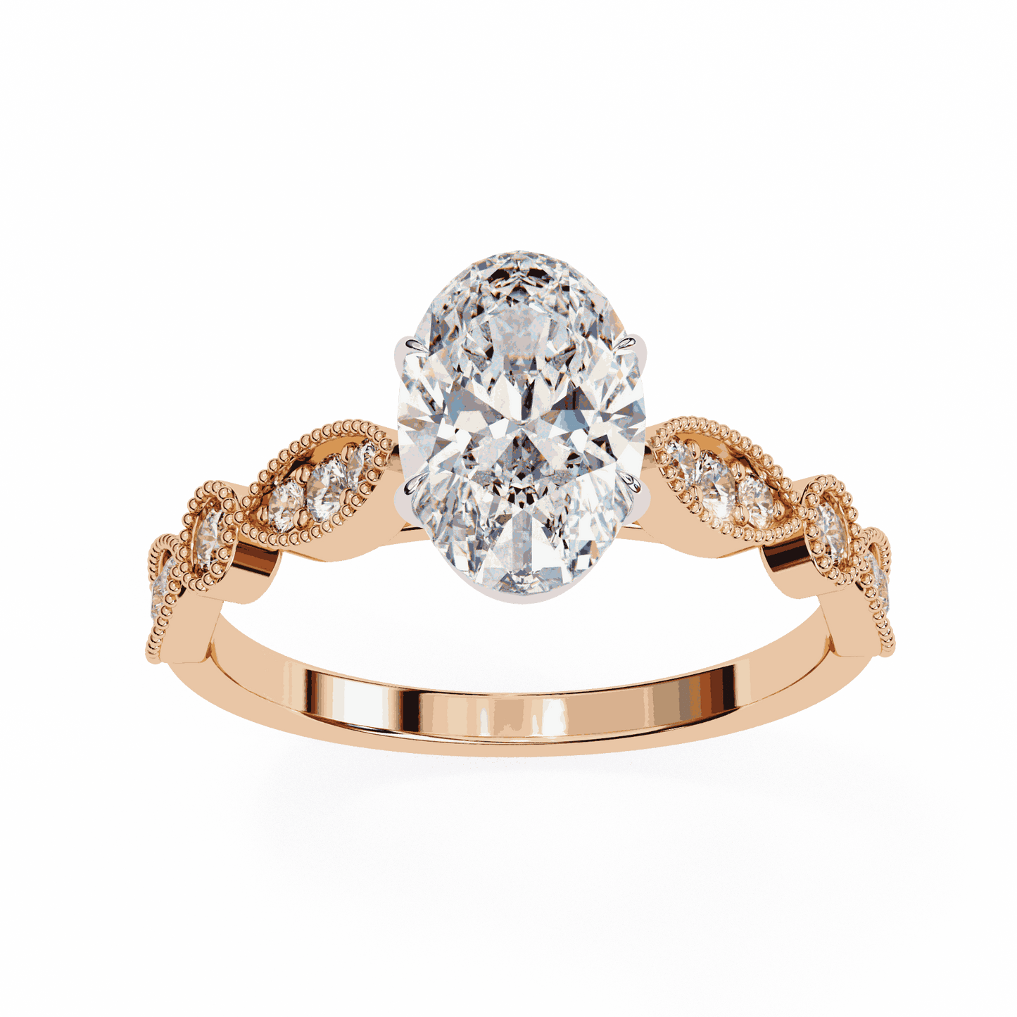Oval Cut Lab Grown Diamond Cathedral Engagement Ring with Vintage Milgrain