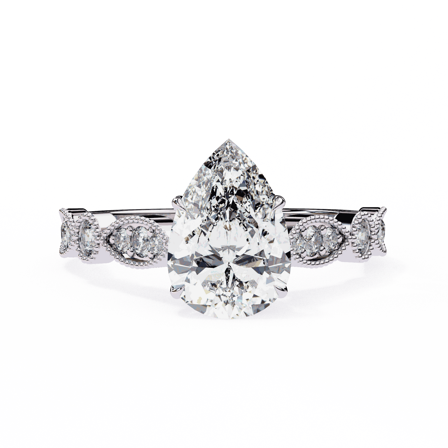 Pear Cut Lab Grown Diamond Cathedral Engagement Ring with Vintage Milgrain