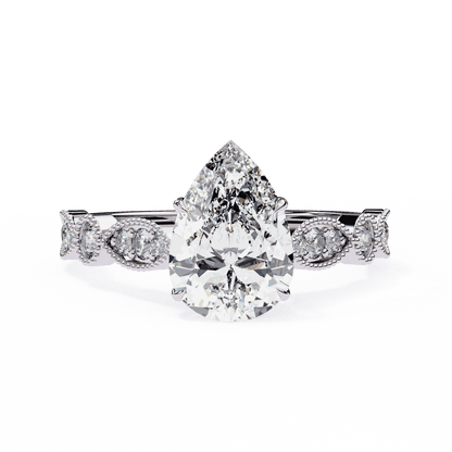 Pear Cut Lab Grown Diamond Cathedral Engagement Ring with Vintage Milgrain