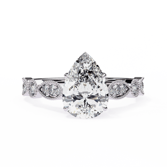 Pear Cut Lab Grown Diamond Cathedral Engagement Ring with Vintage Milgrain