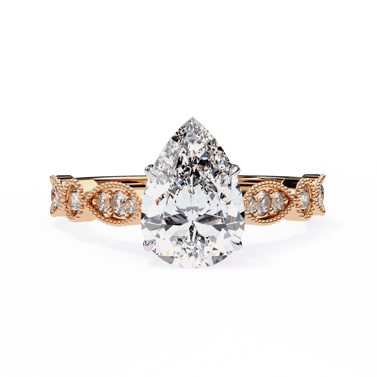 Pear Cut Lab Grown Diamond Cathedral Engagement Ring with Vintage Milgrain