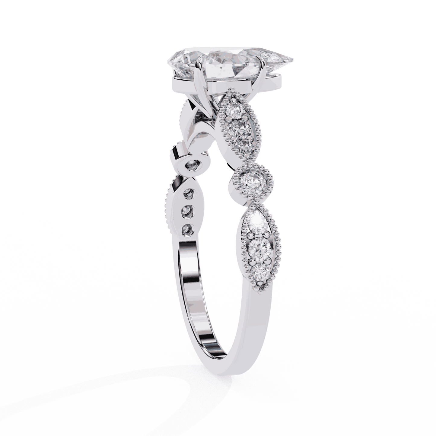 Pear Cut Lab Grown Diamond Cathedral Engagement Ring with Vintage Milgrain