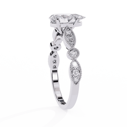 Pear Cut Lab Grown Diamond Cathedral Engagement Ring with Vintage Milgrain