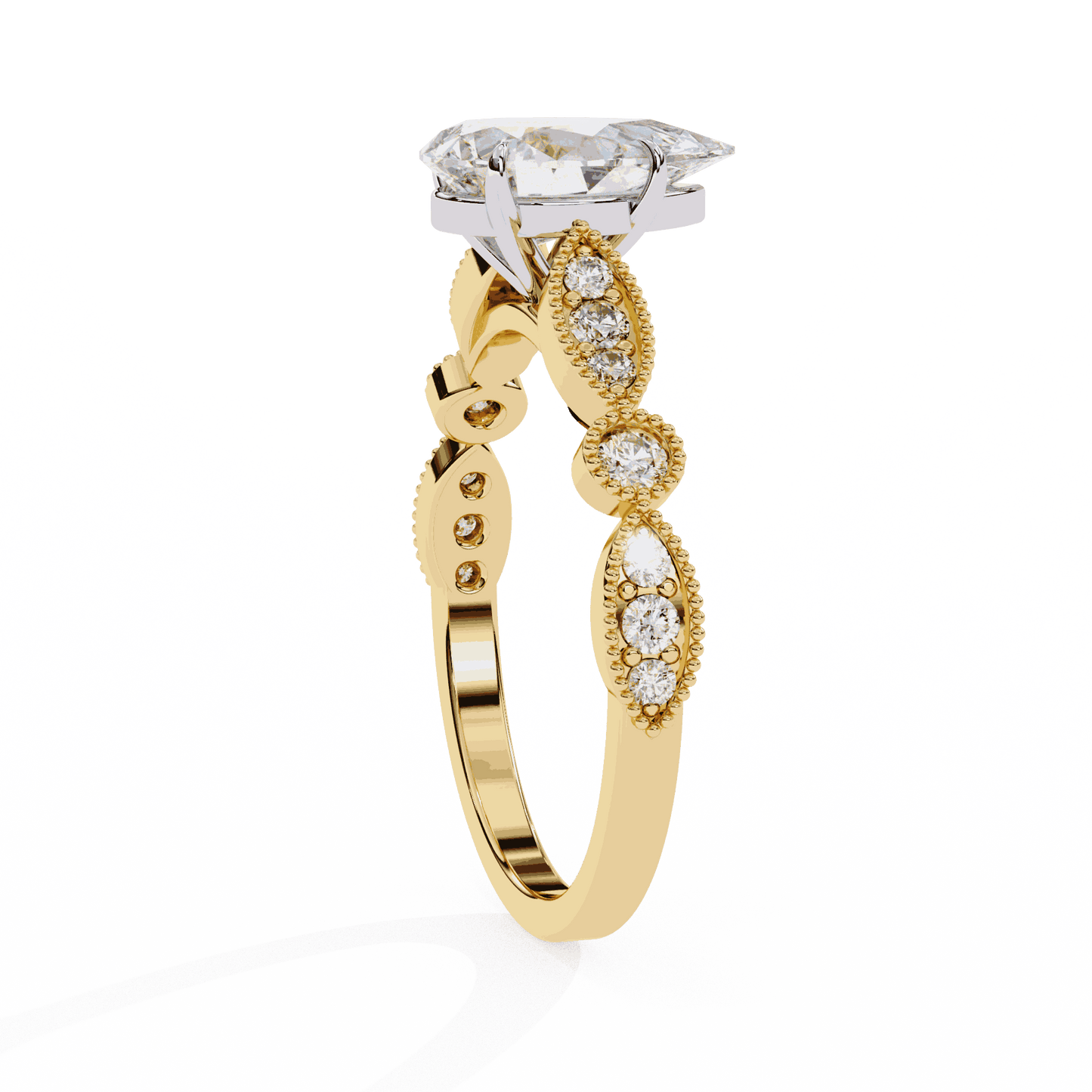 Pear Cut Lab Grown Diamond Cathedral Engagement Ring with Vintage Milgrain