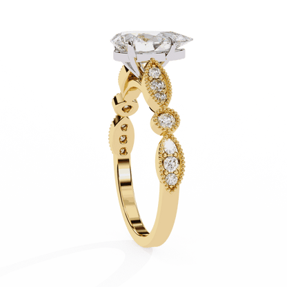 Pear Cut Lab Grown Diamond Cathedral Engagement Ring with Vintage Milgrain
