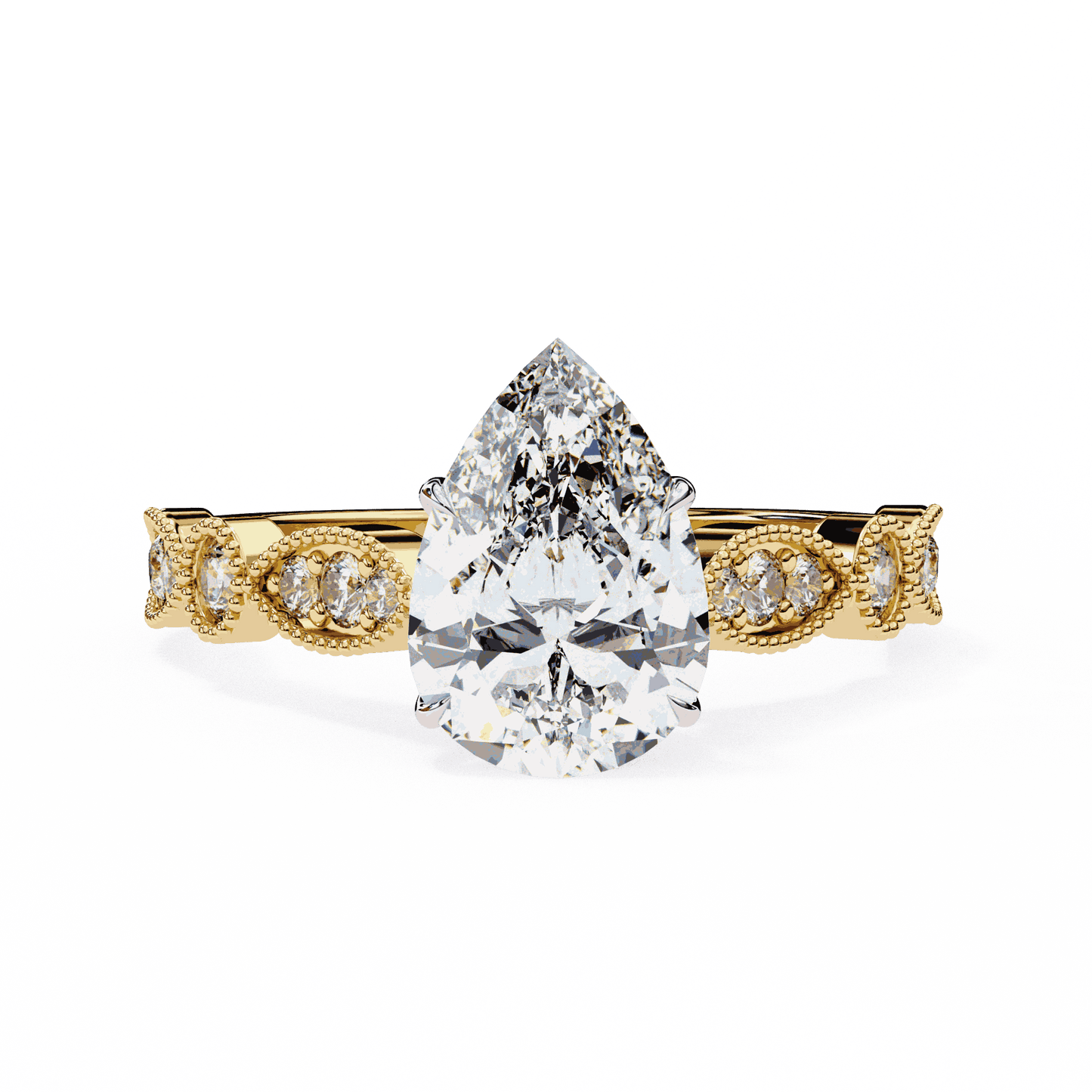 Pear Cut Lab Grown Diamond Cathedral Engagement Ring with Vintage Milgrain