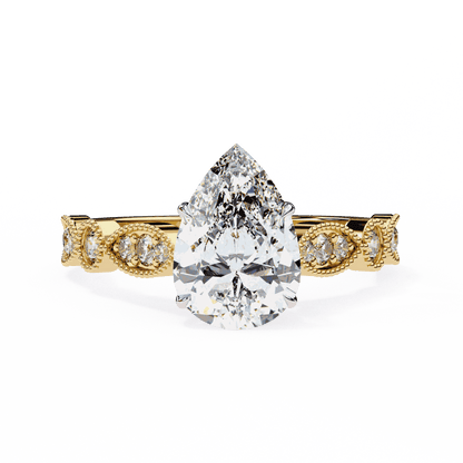 Pear Cut Lab Grown Diamond Cathedral Engagement Ring with Vintage Milgrain