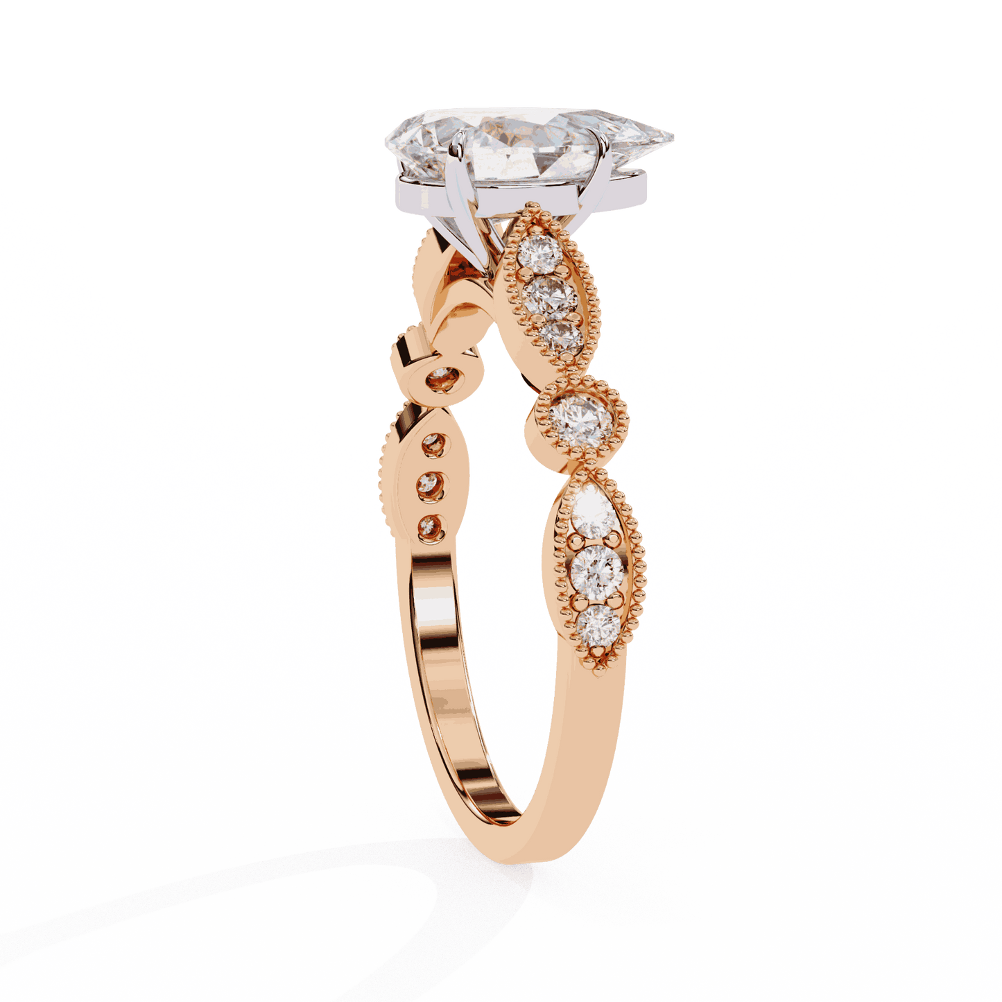 Pear Cut Lab Grown Diamond Cathedral Engagement Ring with Vintage Milgrain