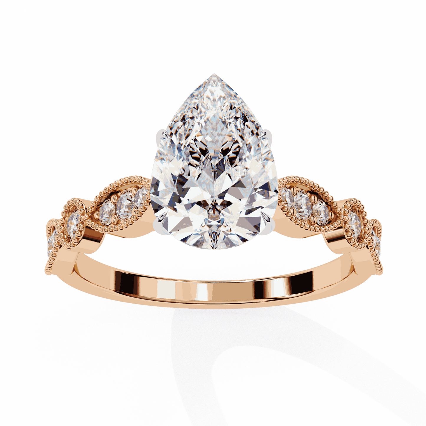 Pear Cut Lab Grown Diamond Cathedral Engagement Ring with Vintage Milgrain