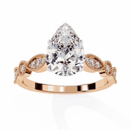 Pear Cut Lab Grown Diamond Cathedral Engagement Ring with Vintage Milgrain