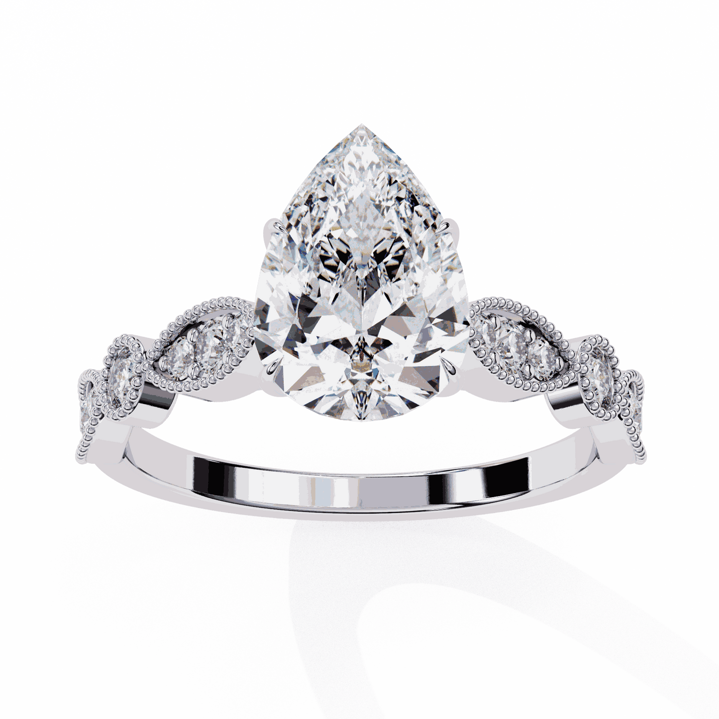 Pear Cut Lab Grown Diamond Cathedral Engagement Ring with Vintage Milgrain