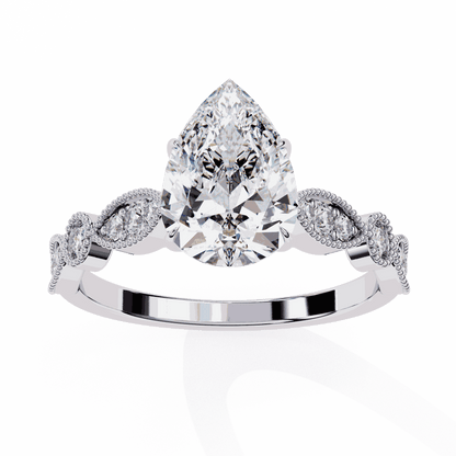 Pear Cut Lab Grown Diamond Cathedral Engagement Ring with Vintage Milgrain