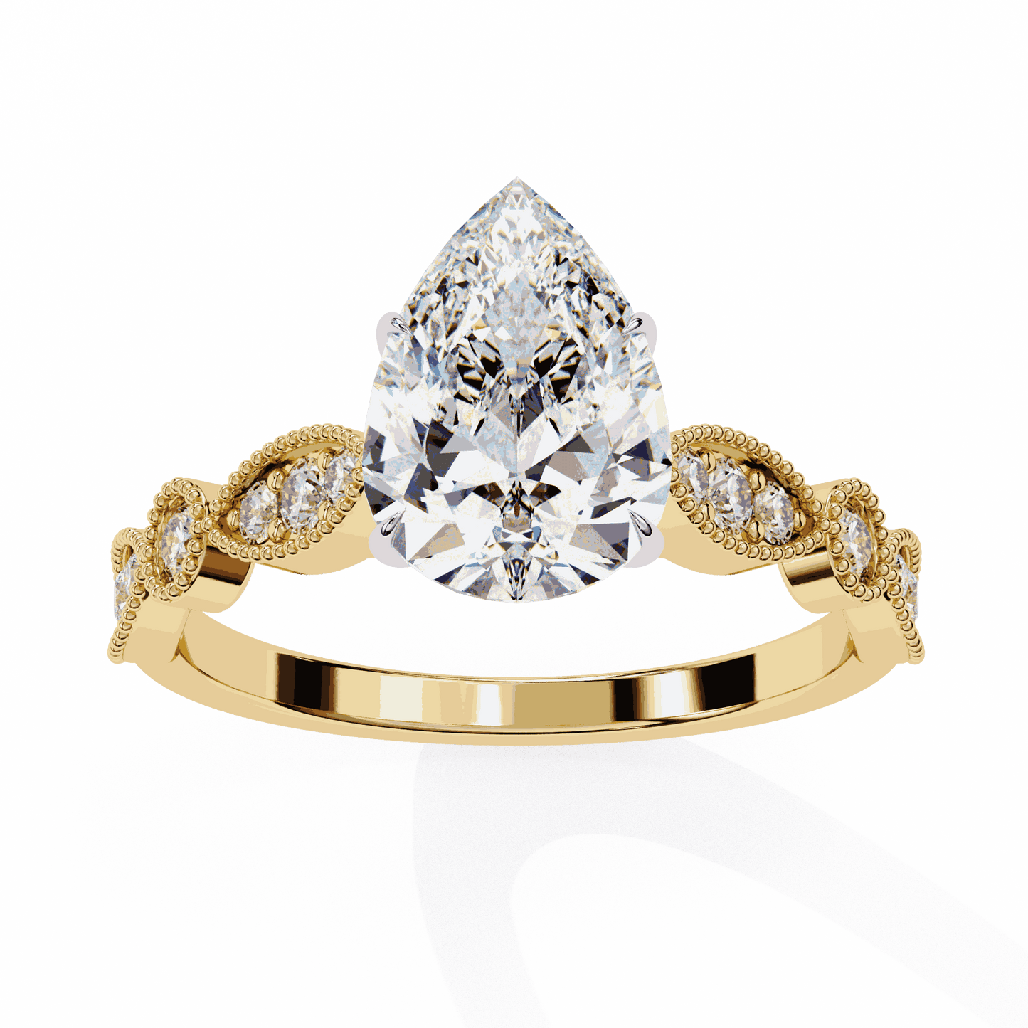 Pear Cut Lab Grown Diamond Cathedral Engagement Ring with Vintage Milgrain
