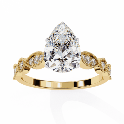 Pear Cut Lab Grown Diamond Cathedral Engagement Ring with Vintage Milgrain