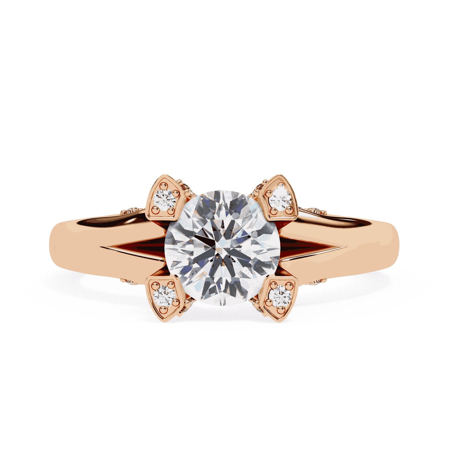Round Cut Lab Grown Diamond Cathedral Engagement Ring with Shield Prong Detail
