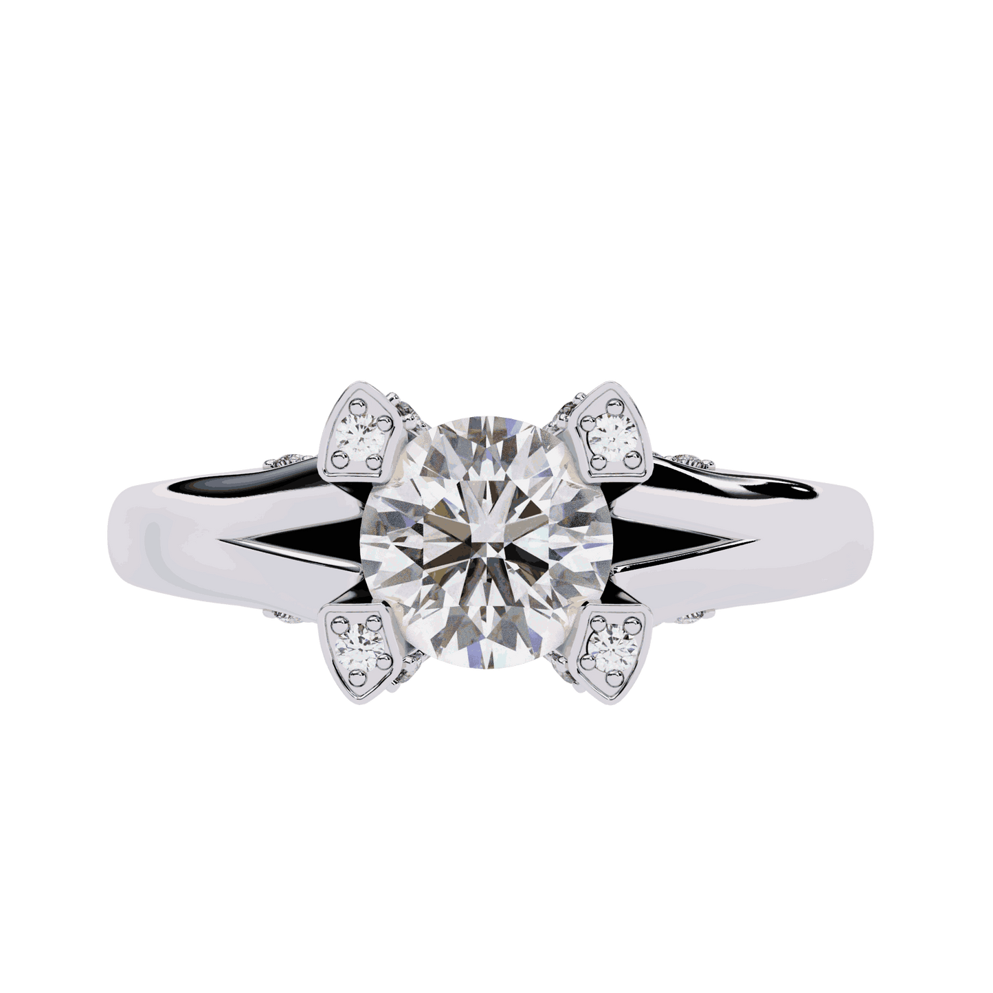 Round Cut Lab Grown Diamond Cathedral Engagement Ring with Shield Prong Detail