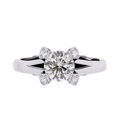 Round Cut Lab Grown Diamond Cathedral Engagement Ring with Shield Prong Detail