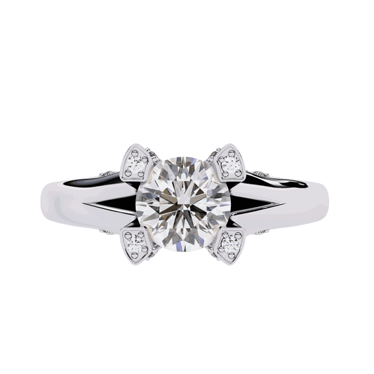 Round Cut Lab Grown Diamond Cathedral Engagement Ring with Shield Prong Detail