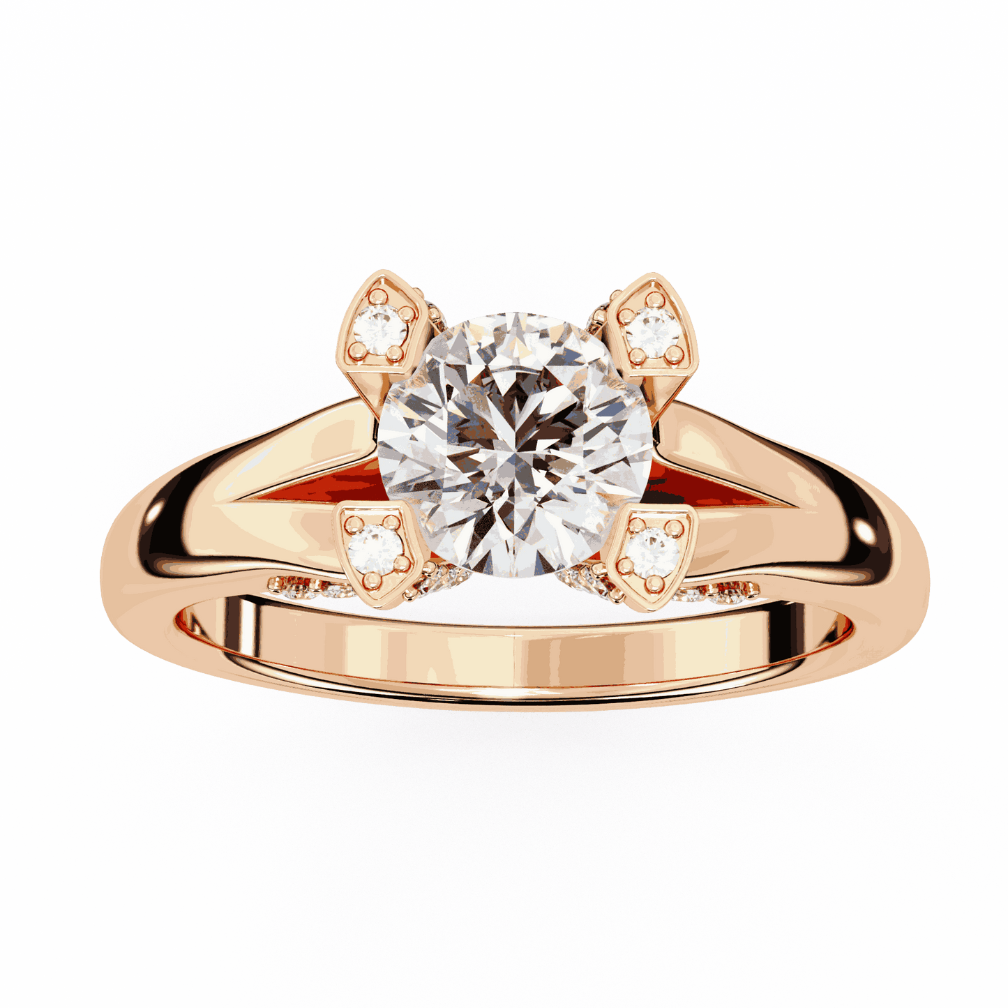 Round Cut Lab Grown Diamond Cathedral Engagement Ring with Shield Prong Detail