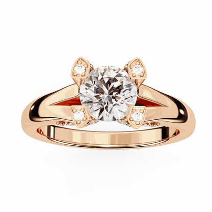 Round Cut Lab Grown Diamond Cathedral Engagement Ring with Shield Prong Detail