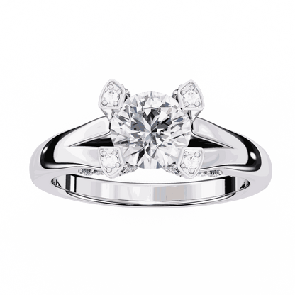 Round Cut Lab Grown Diamond Cathedral Engagement Ring with Shield Prong Detail