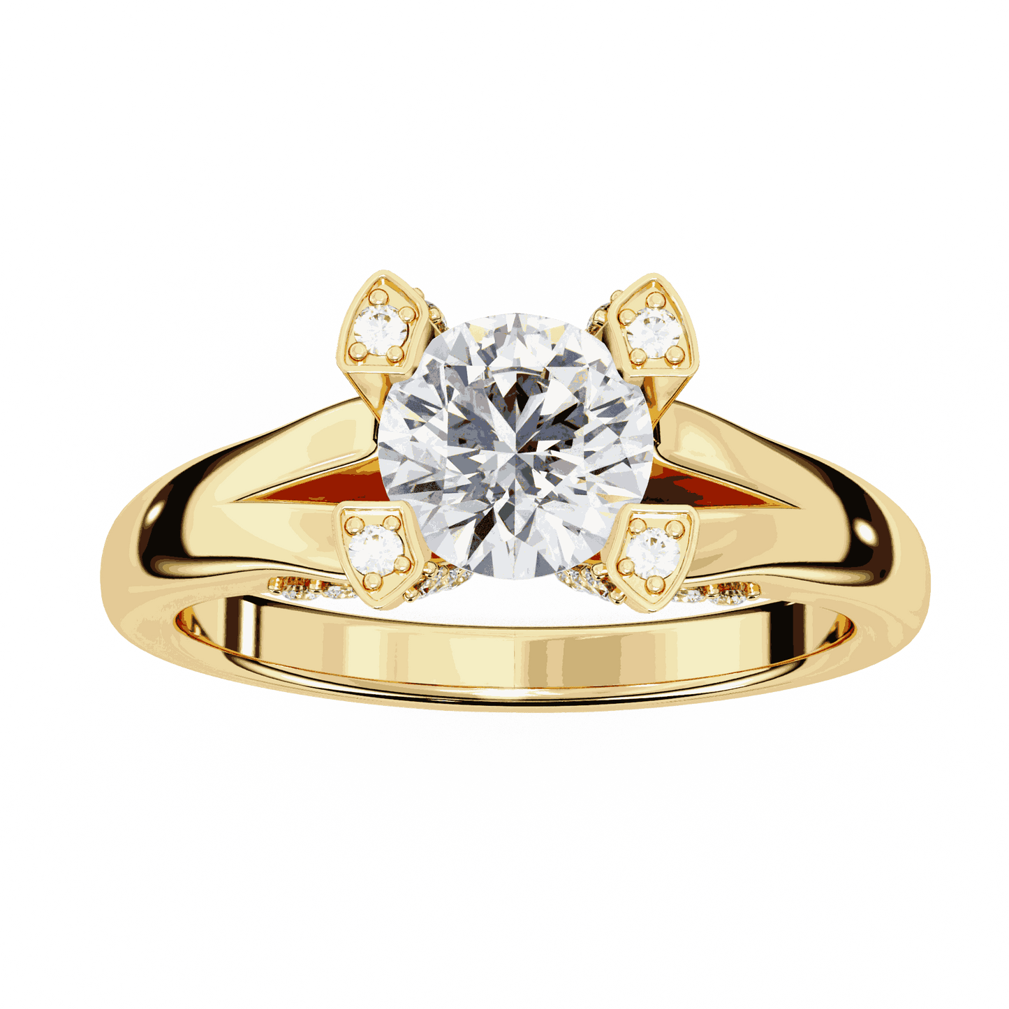 Round Cut Lab Grown Diamond Cathedral Engagement Ring with Shield Prong Detail