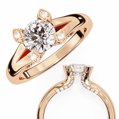 Round Cut Lab Grown Diamond Cathedral Engagement Ring with Shield Prong Detail