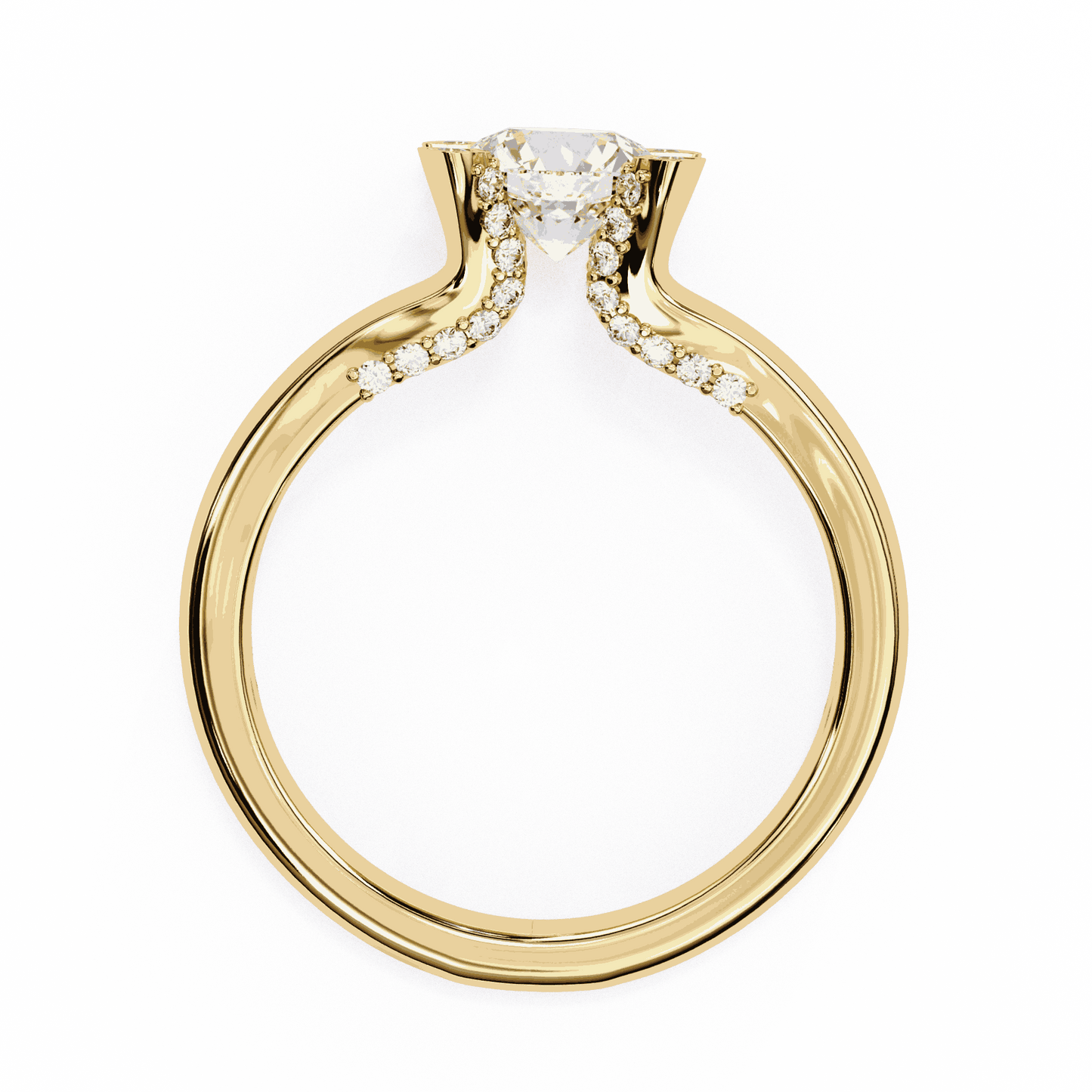 Round Cut Lab Grown Diamond Cathedral Engagement Ring with Shield Prong Detail