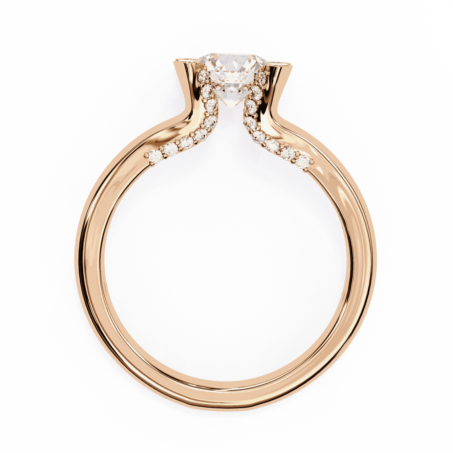 Round Cut Lab Grown Diamond Cathedral Engagement Ring with Shield Prong Detail
