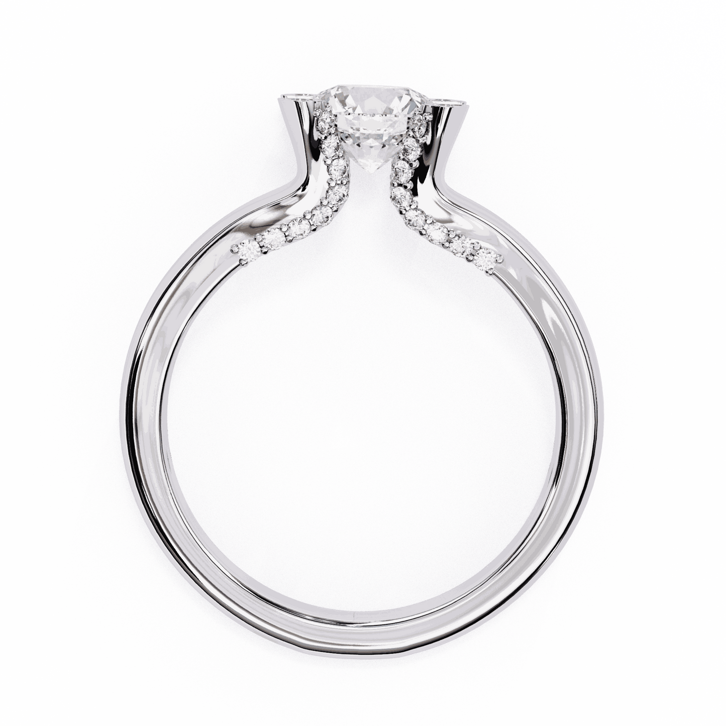 Round Cut Lab Grown Diamond Cathedral Engagement Ring with Shield Prong Detail
