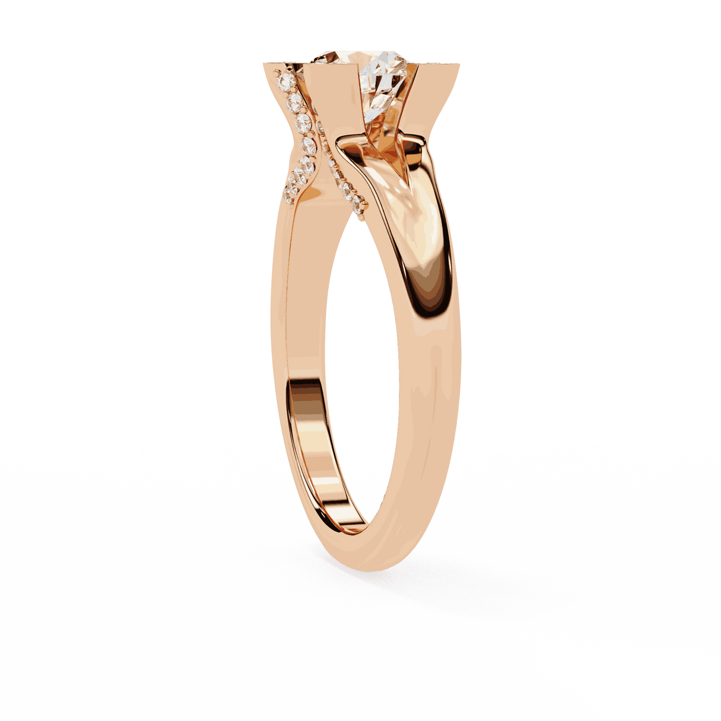 Round Cut Lab Grown Diamond Cathedral Engagement Ring with Shield Prong Detail