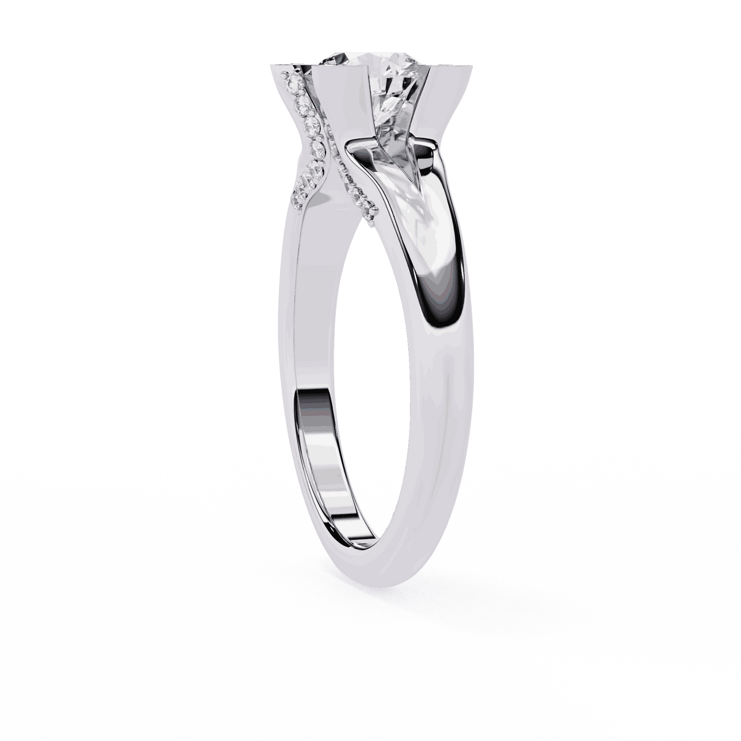 Round Cut Lab Grown Diamond Cathedral Engagement Ring with Shield Prong Detail