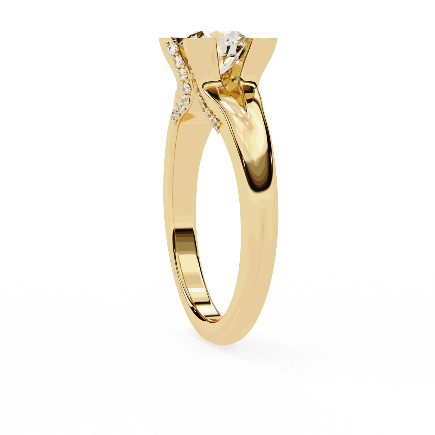 Round Cut Lab Grown Diamond Cathedral Engagement Ring with Shield Prong Detail