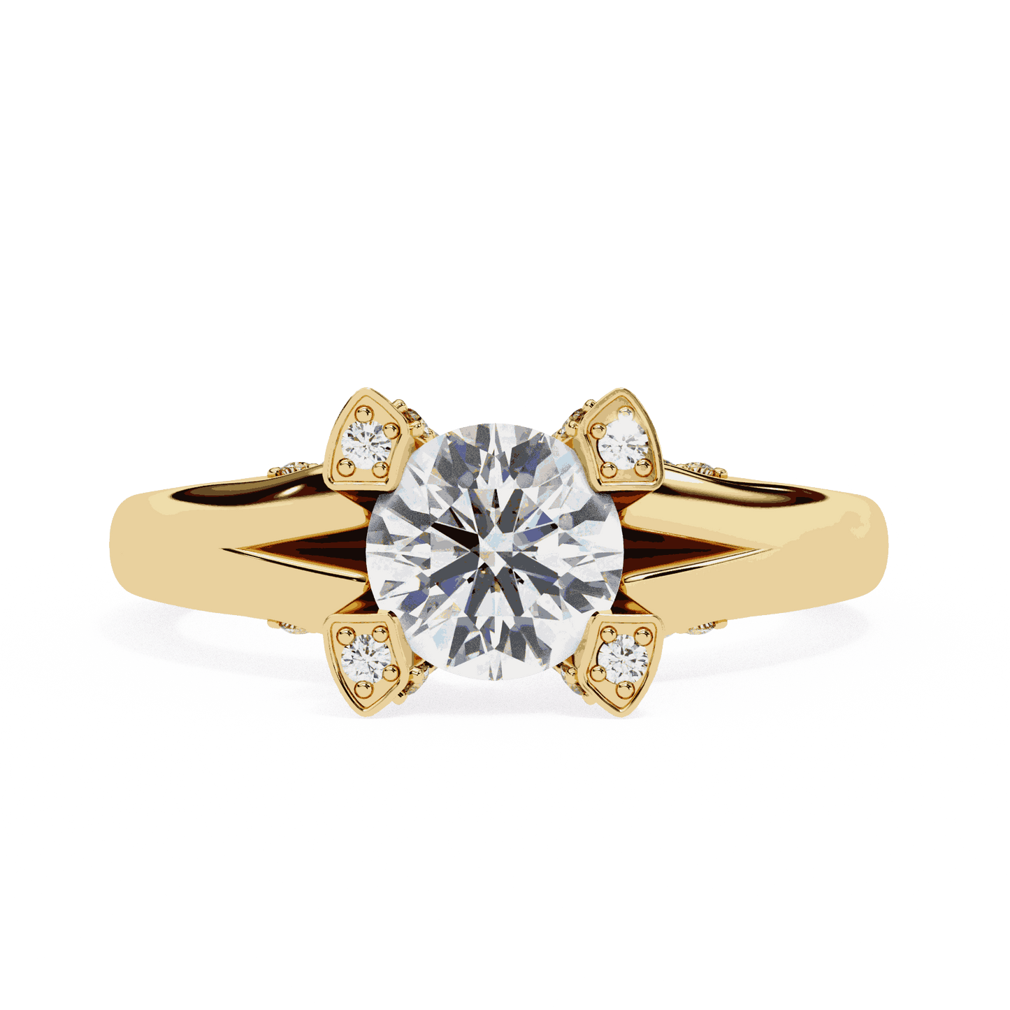 Round Cut Lab Grown Diamond Cathedral Engagement Ring with Shield Prong Detail