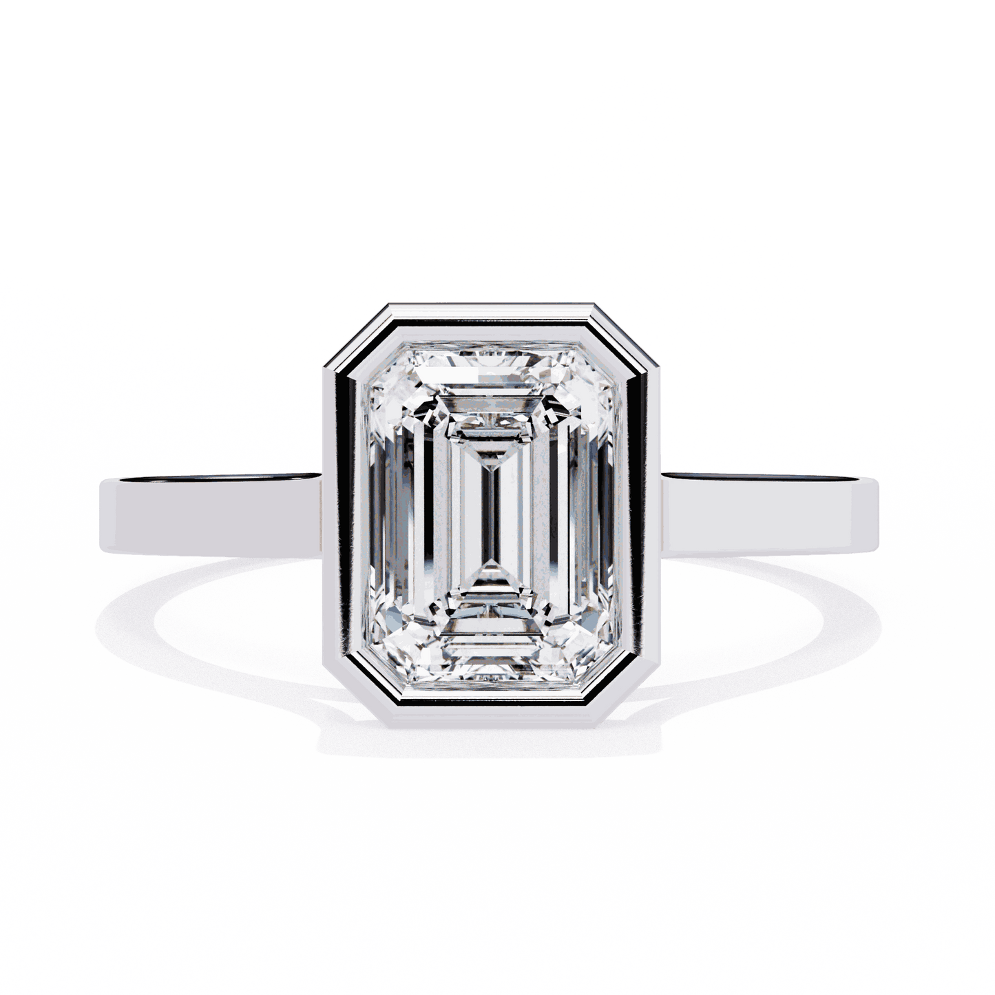 Emerald Cut Lab Grown Diamond Bezel Engagement Ring with Stepped Frame Detail