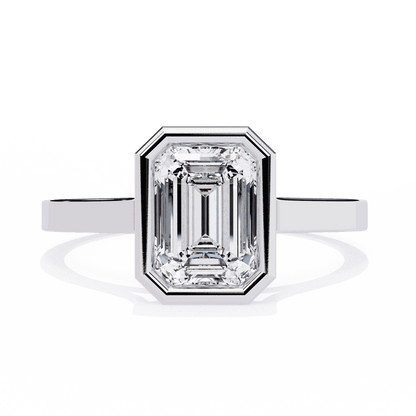 Emerald Cut Lab Grown Diamond Bezel Engagement Ring with Stepped Frame Detail