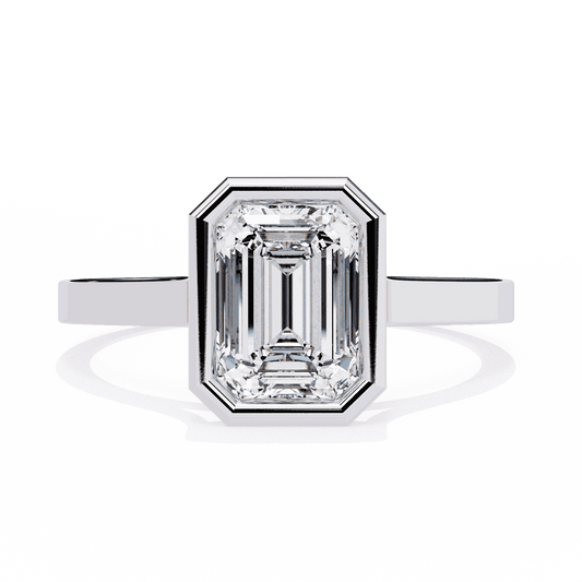 Emerald Cut Lab Grown Diamond Bezel Engagement Ring with Stepped Frame Detail