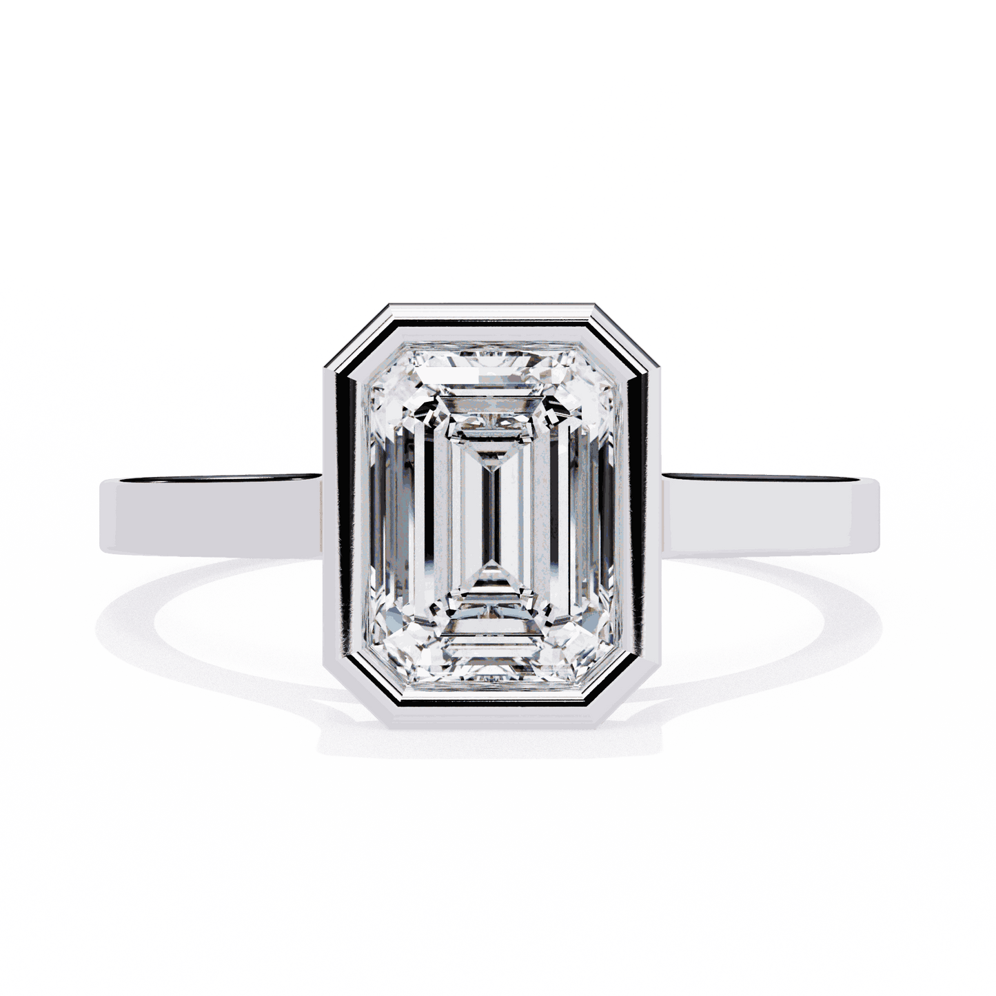Emerald Cut Lab Grown Diamond Bezel Engagement Ring with Stepped Frame Detail