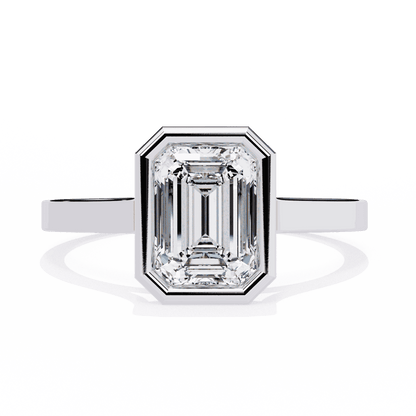 Emerald Cut Lab Grown Diamond Bezel Engagement Ring with Stepped Frame Detail