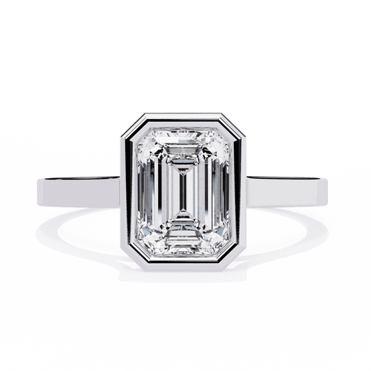 Emerald Cut Lab Grown Diamond Bezel Engagement Ring with Stepped Frame Detail