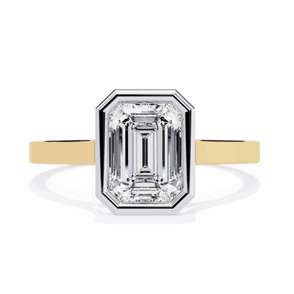 Emerald Cut Lab Grown Diamond Bezel Engagement Ring with Stepped Frame Detail