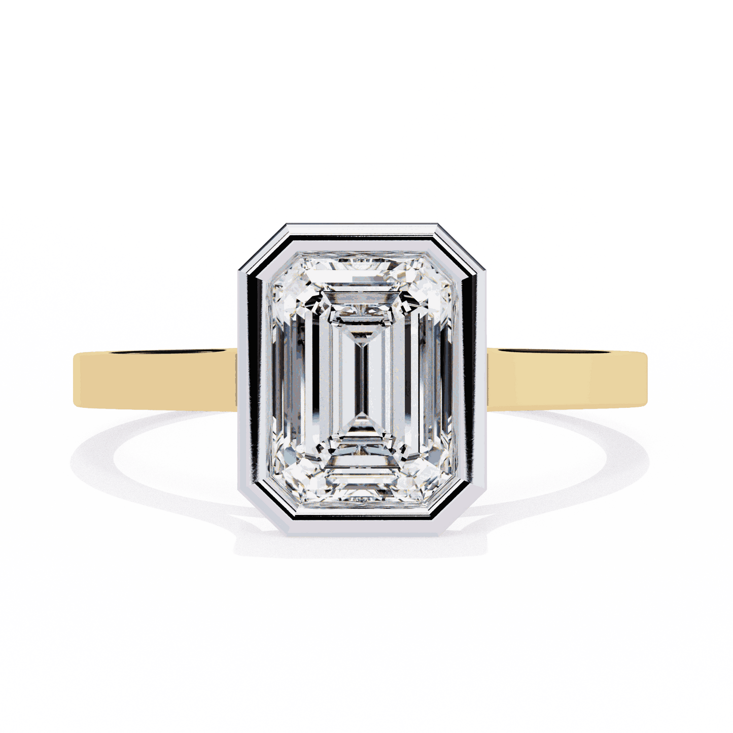 Emerald Cut Lab Grown Diamond Bezel Engagement Ring with Stepped Frame Detail