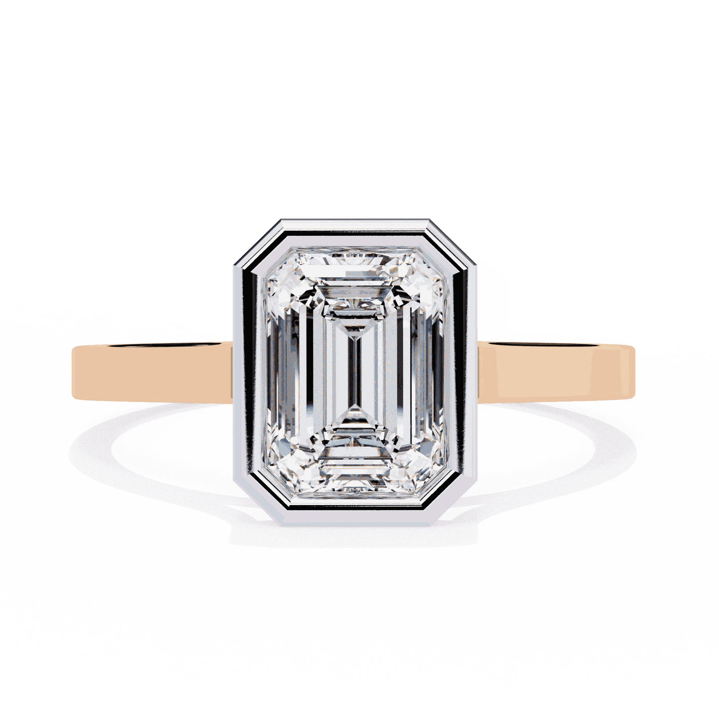Emerald Cut Lab Grown Diamond Bezel Engagement Ring with Stepped Frame Detail