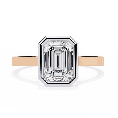 Emerald Cut Lab Grown Diamond Bezel Engagement Ring with Stepped Frame Detail